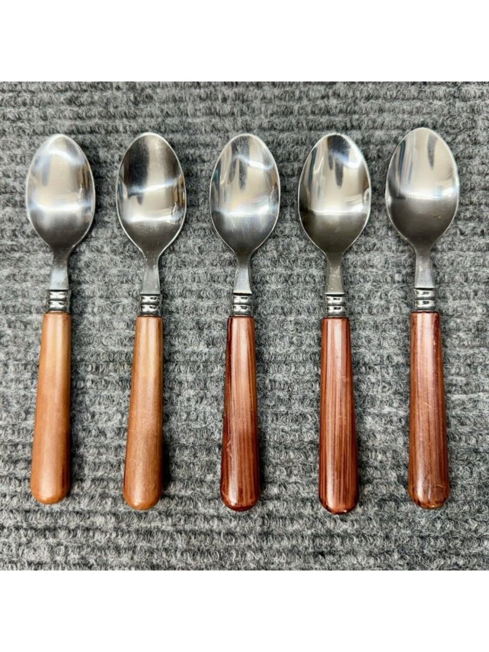 Faberware Silverware Lot Of 5 Spoons Teaspoon Faux Wood Brown Handle Vintage